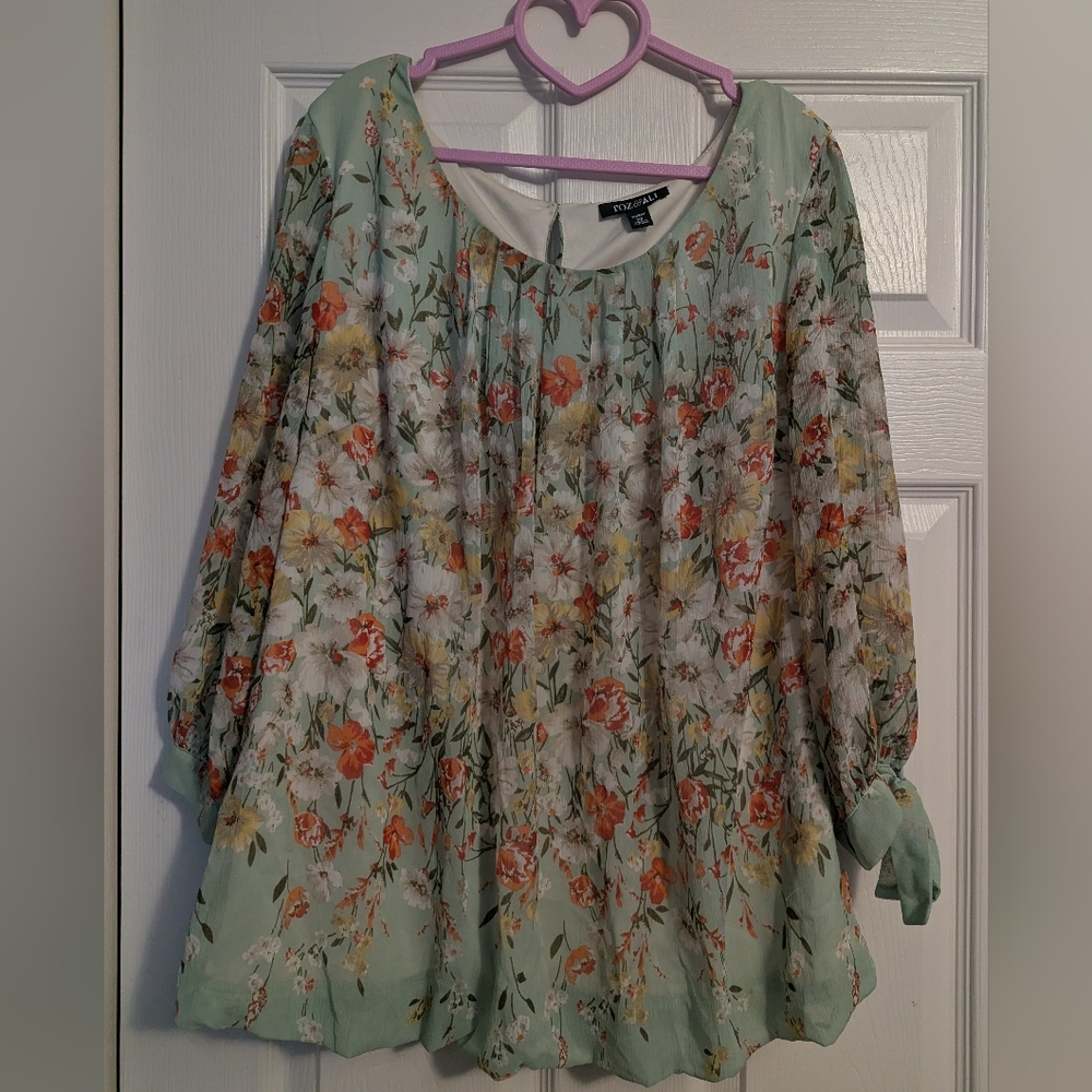 Roz & Ali Floral Bohemian Long Sleeve Blouse EUC